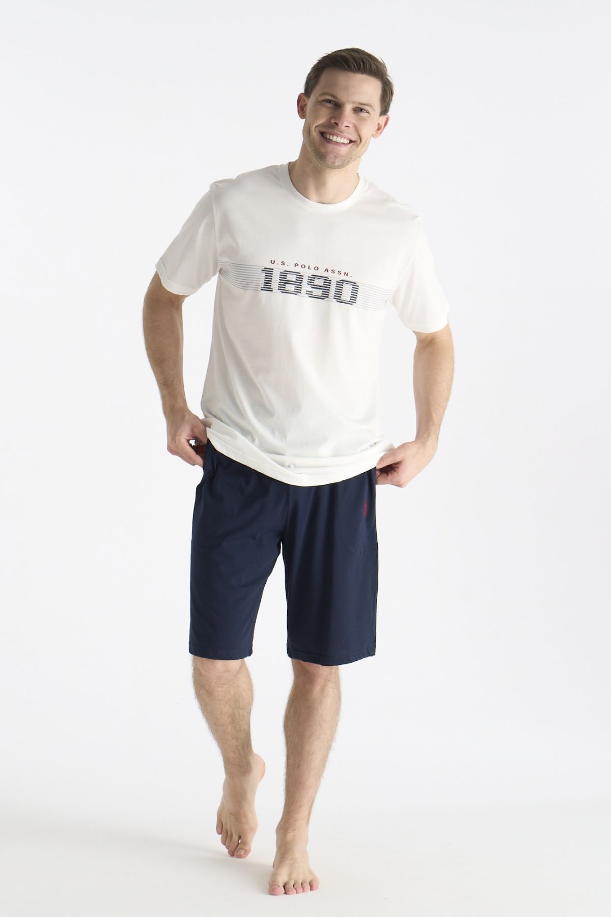 U.s Polo Assn. 19019 Erkek Kısa Kollu Bisiklet Yaka Şortlu Pijama Takımı-Ekru