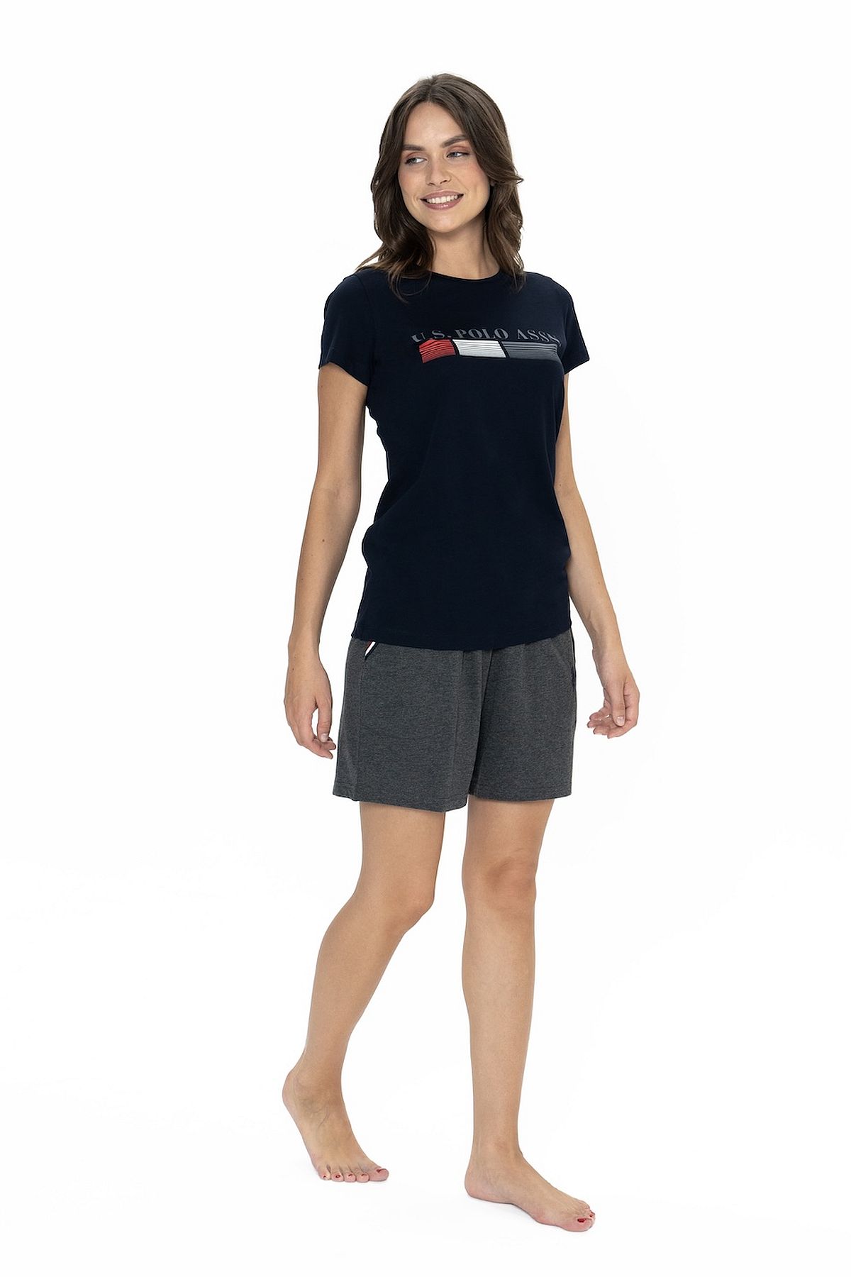 U.s Polo Assn. 20004 Kadın Kısa Kollu Bisiklet Yaka Şortlu Pijama Takımı-Lacivert