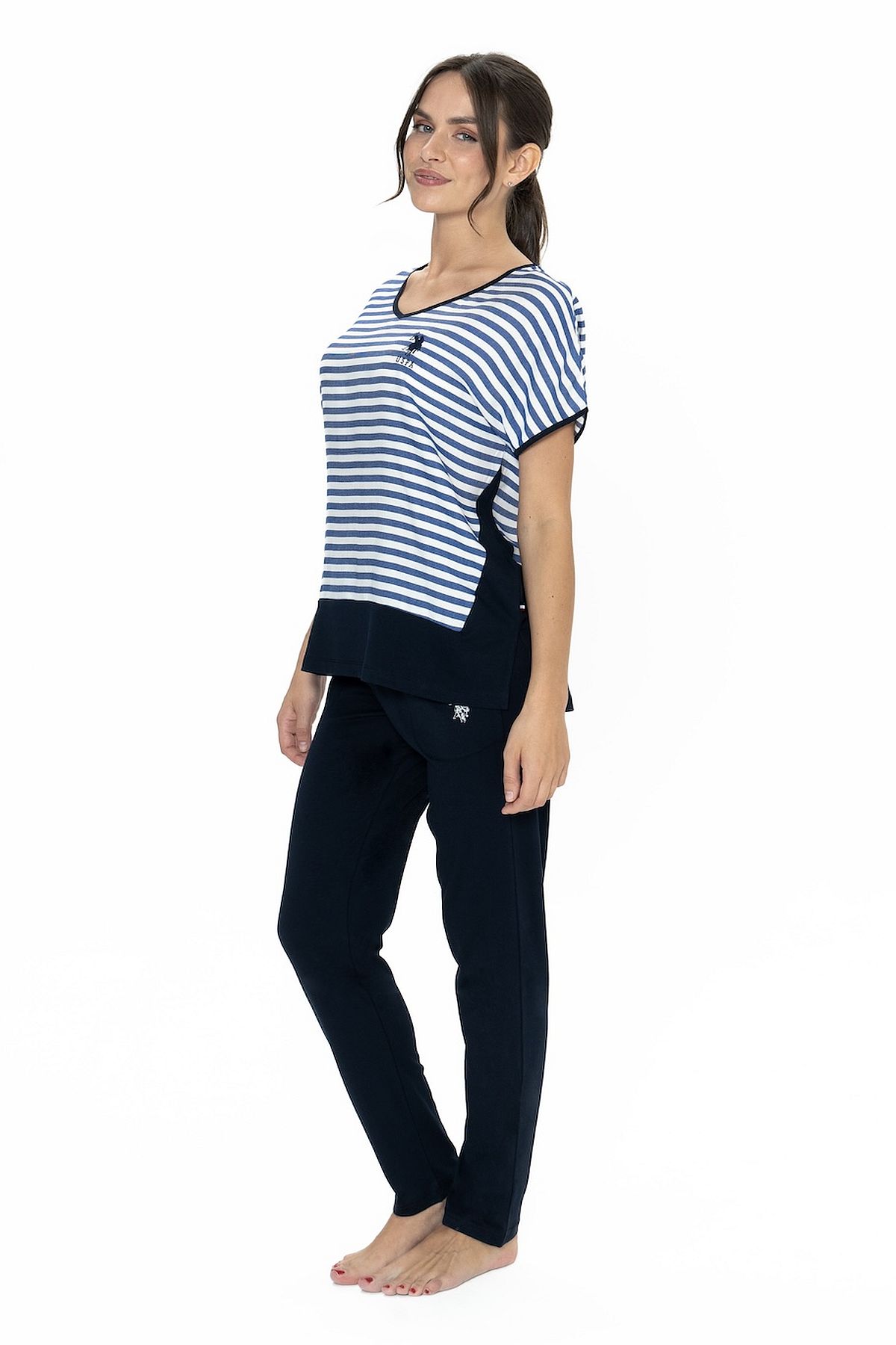 U.s Polo Assn. 20033 Kadın Kısa Kollu Bisiklet Yaka Şortlu Pijama Takımı-Lacivert