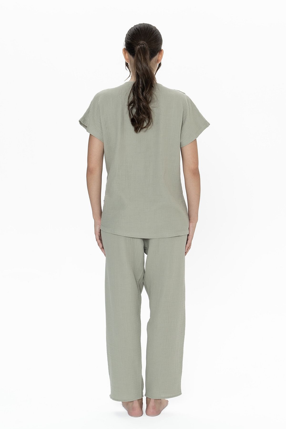 U.s Polo Assn. 20015 Kadın Muslin Kumaş Kısa Kollu V Yaka Pijama Takım-Haki