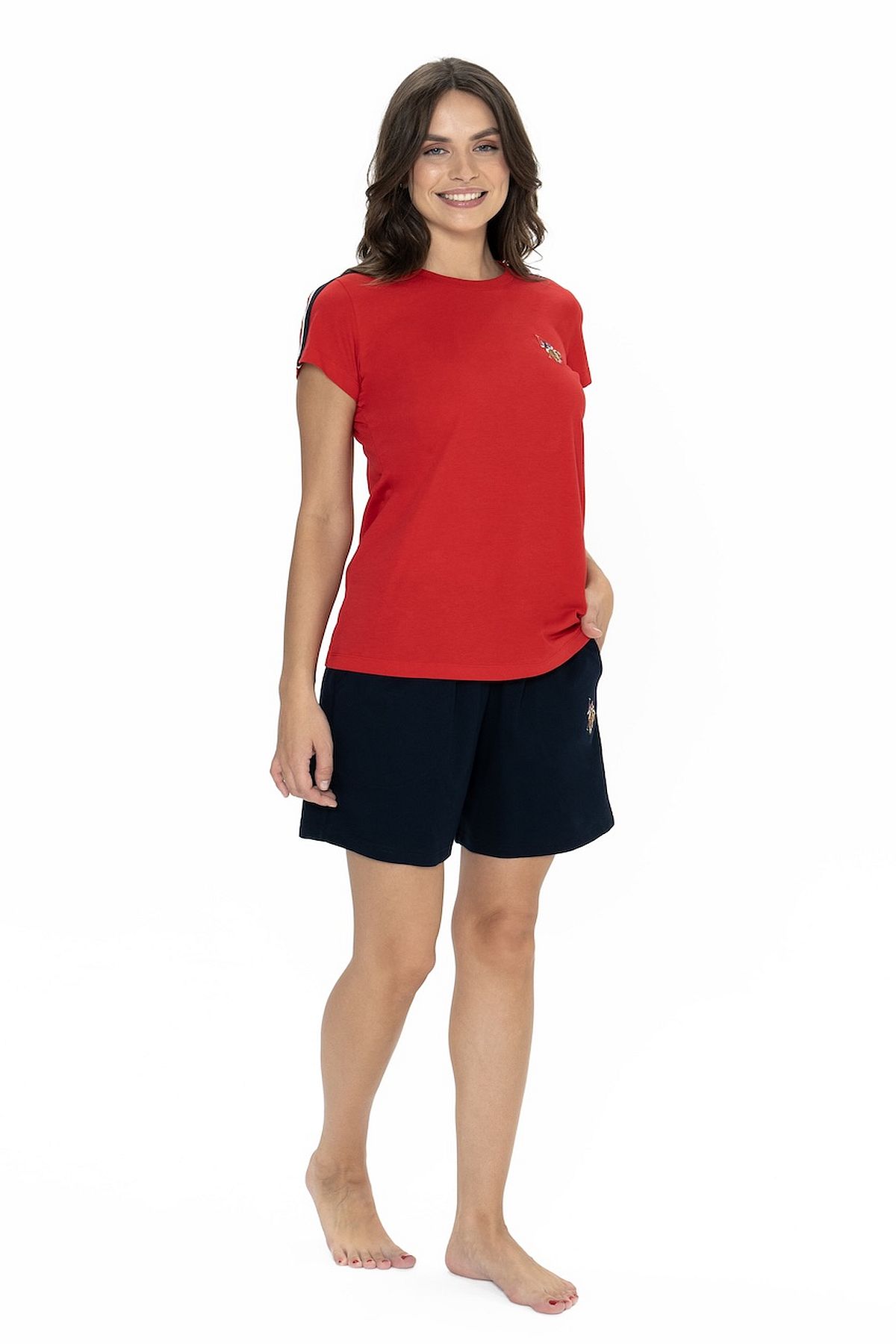 U.s Polo Assn. 20000 Kadın Kısa Kollu Bisiklet Yaka Şortlu Pijama Takımı-Kırmızı