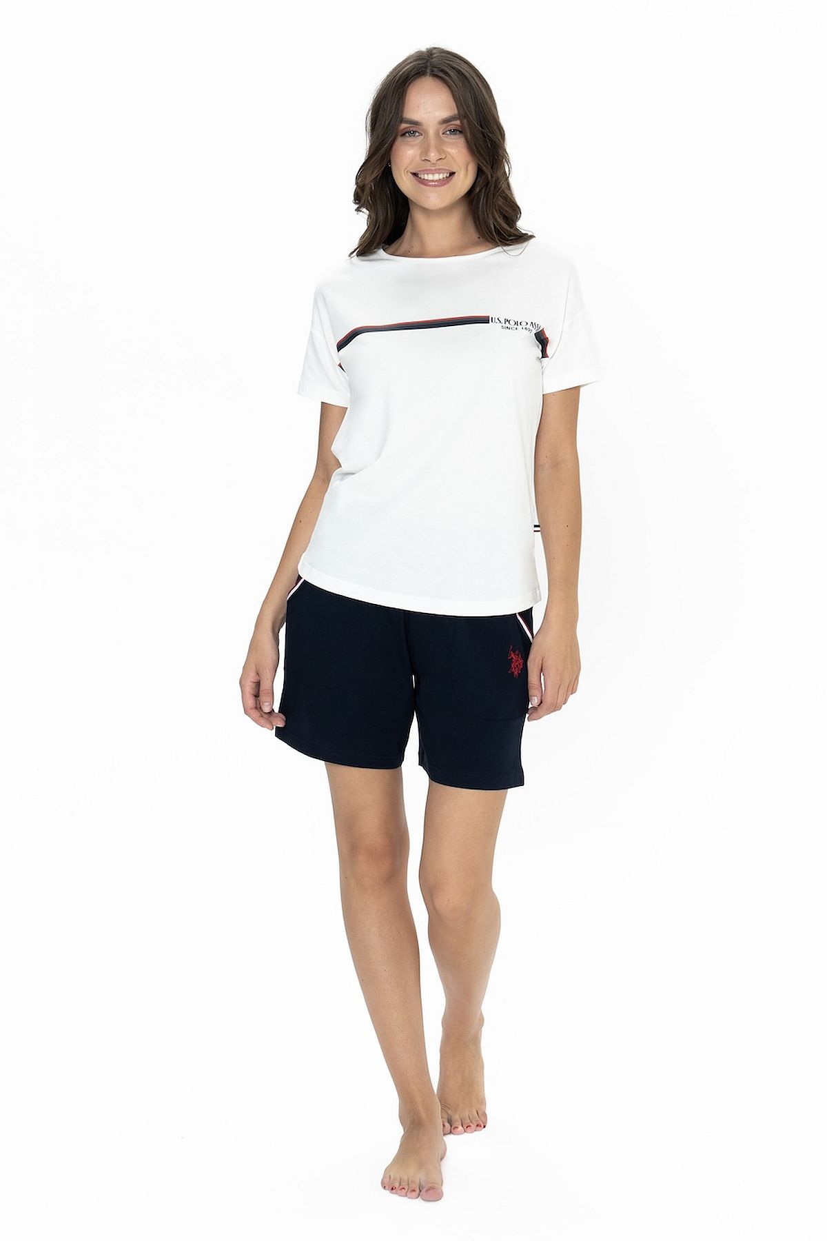 U.s Polo Assn. 20001 Kadın Kısa Kollu Bisiklet Yaka Şortlu Pijama Takımı-Ekru