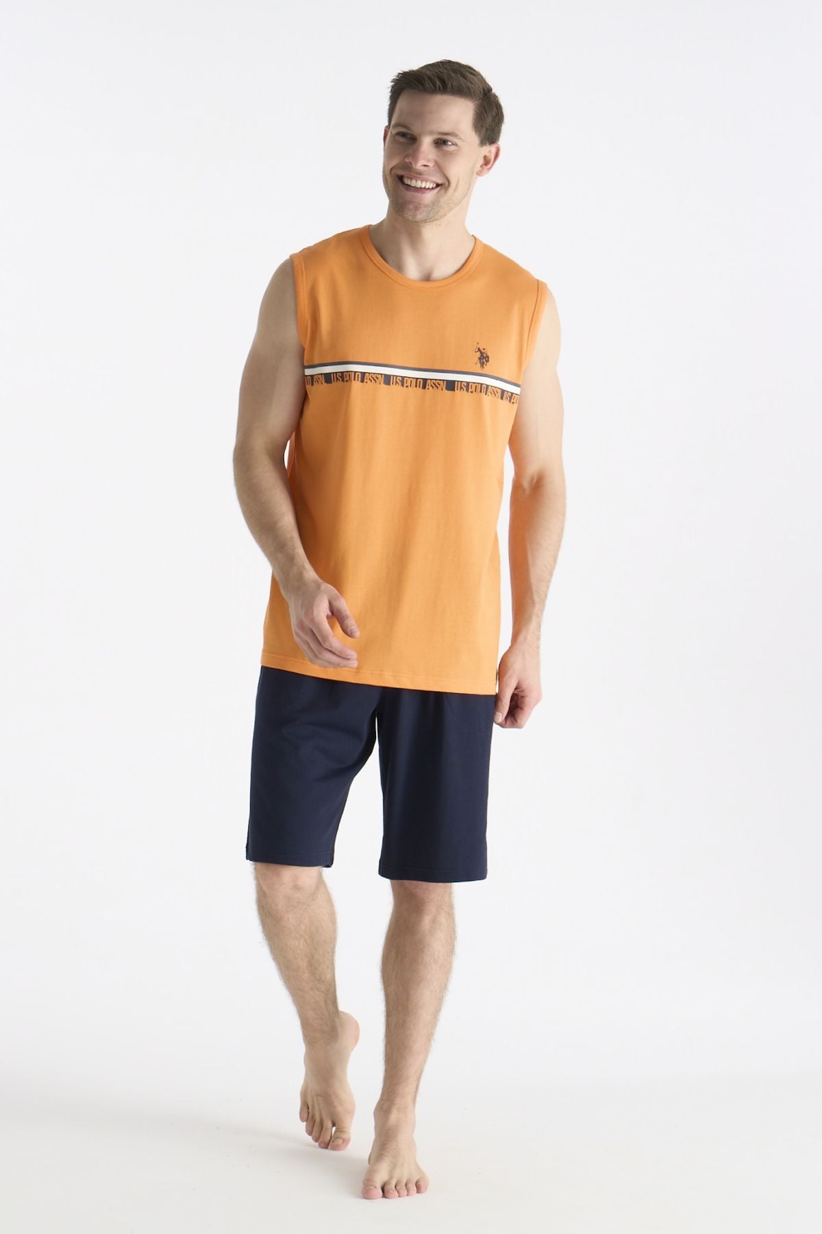 U.s Polo Assn. 19020 Erkek Kolsuz Bisiklet Yaka Şortlu Pijama Takımı-Turuncu