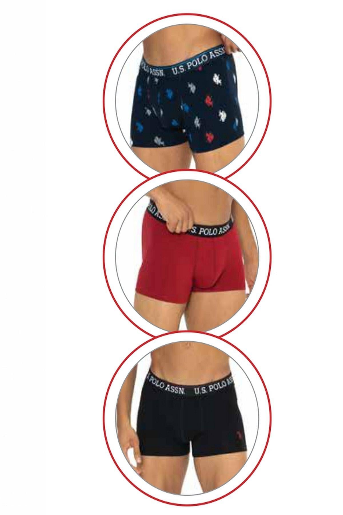 U.s Polo Assn. 80528 Erkek Pamuklu 3lü Boxer-Siyah&Bordo&Baskılı