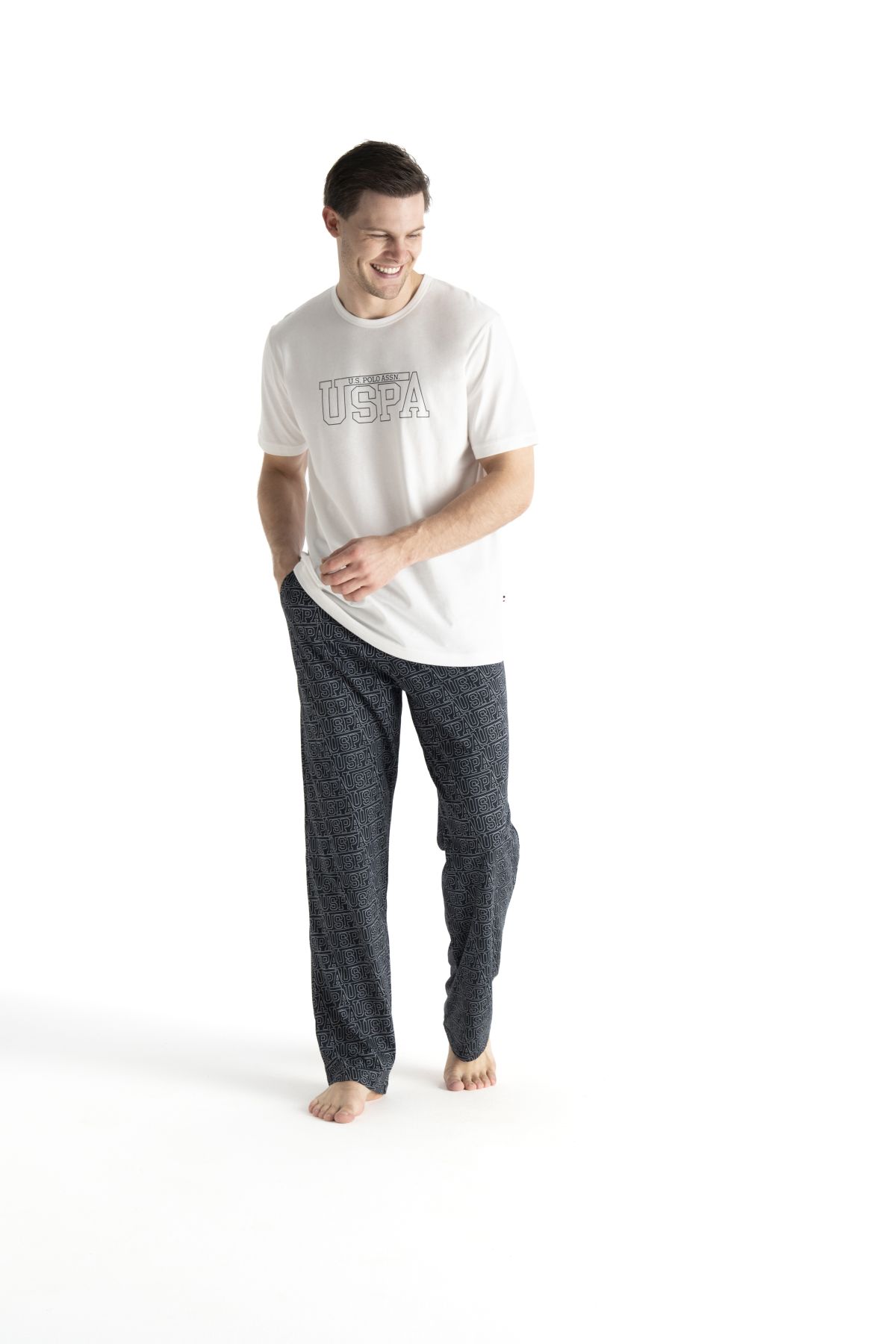 U.s Polo Assn. 19049 Erkek Bisiklet Yaka Kısa Kollu Pijama Takımı-Ekru