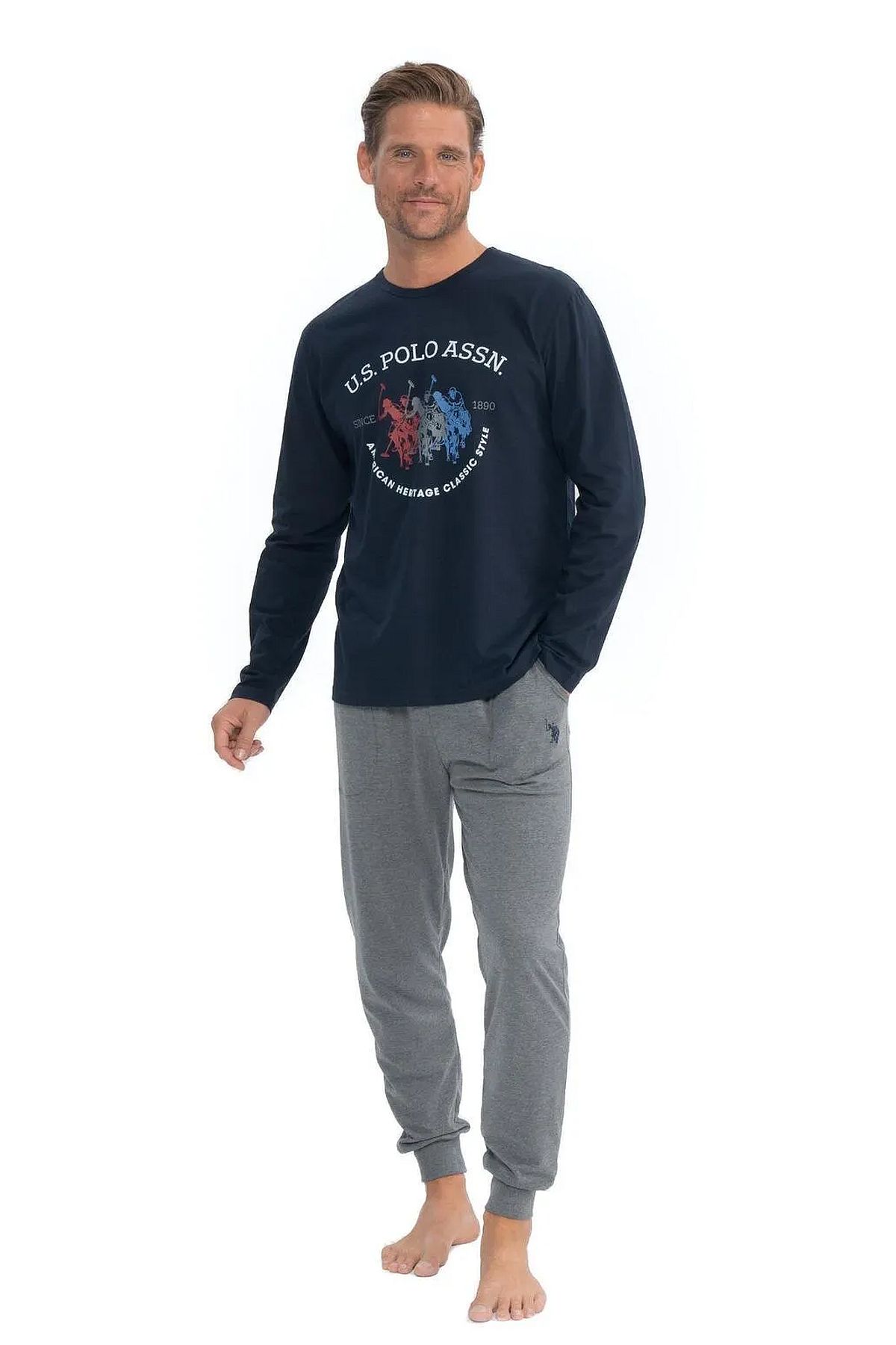 U.s Polo Assn. 18832 Erkek Uzun Kollu Yuvarlak Yaka Paçası Lastikli  Pijama Takımı-Lacivert