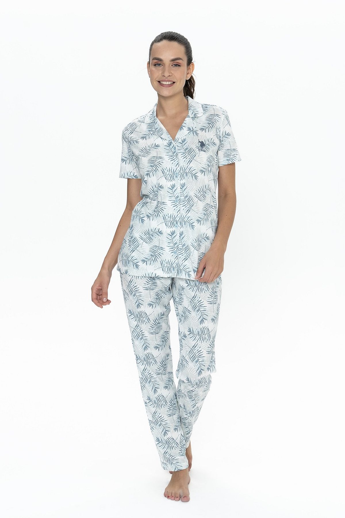 U.s Polo Assn. 20087 Kadın Kısa Kollu Gömlek Pijama Takım-Mavi