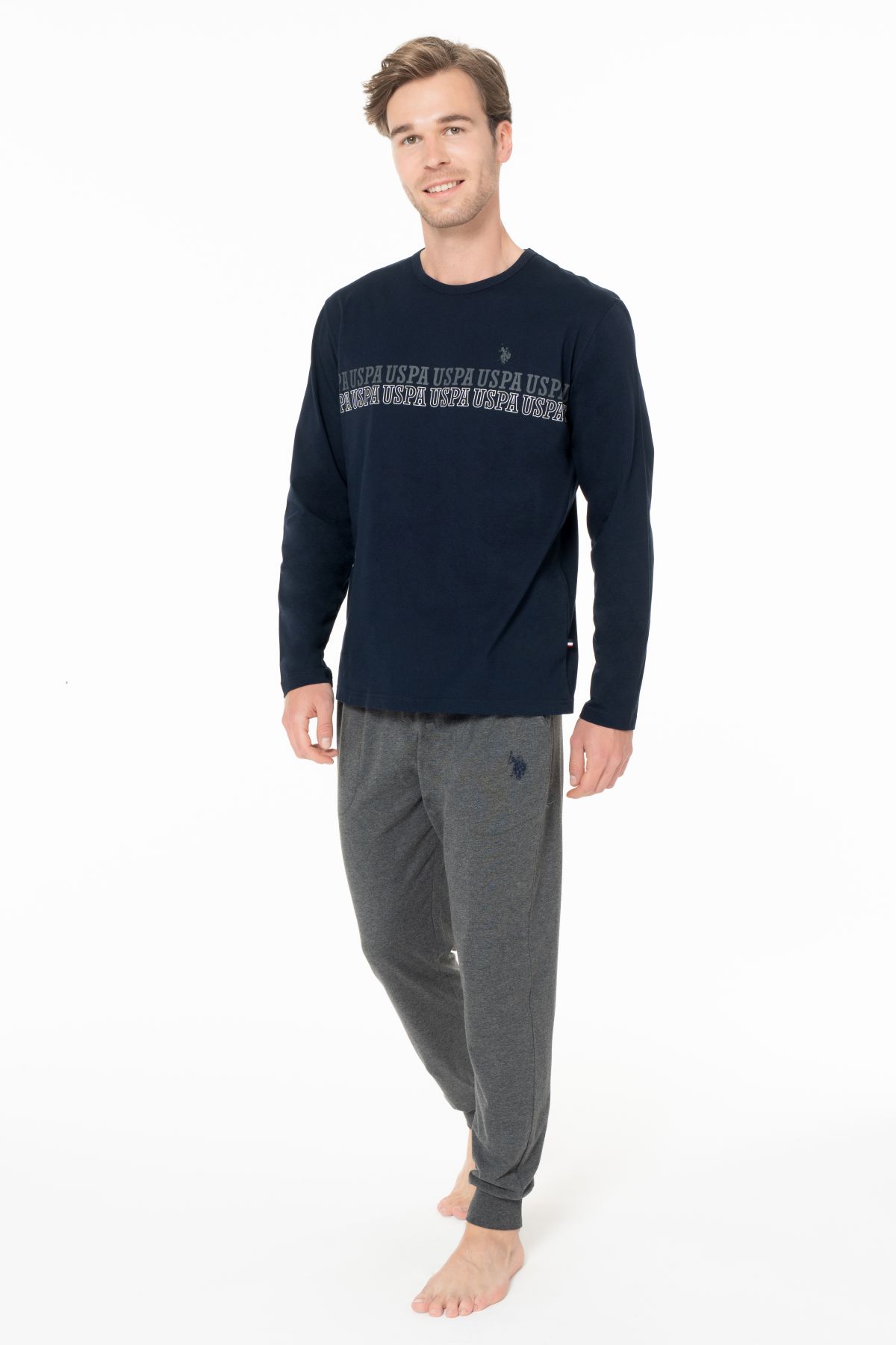 U.s Polo Assn. 18953 Erkek Uzun Kollu Bisiklet Yaka Paçası Bantlı Pijama Takımı-Lacivert
