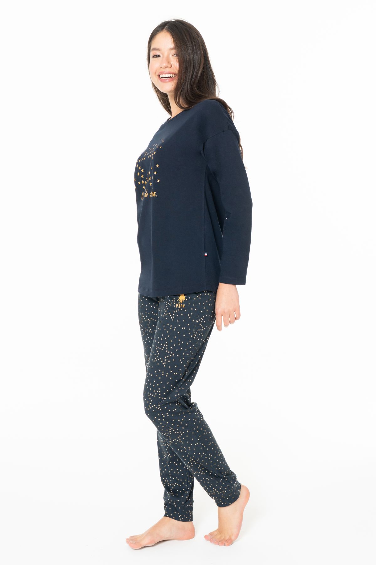 U.s Polo Assn. 20163 Kadın Uzun Kollu Bisiklet Yaka Paçası Bantlı Pijama Takım-Lacivert