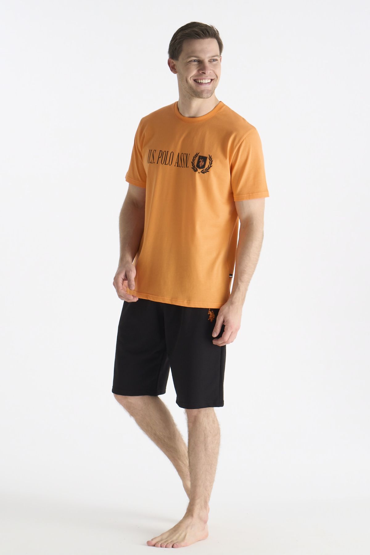 U.s Polo Assn. 19017 Erkek Kısa Kollu Bisiklet Yaka Şortlu Pijama Takımı-Turuncu
