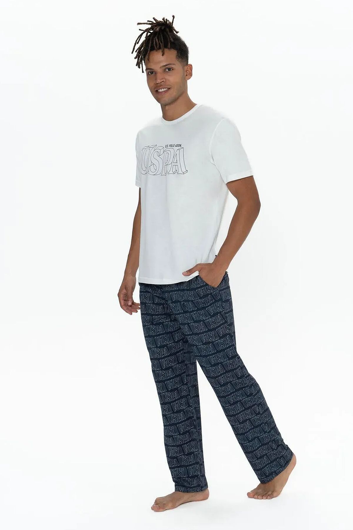 U.s Polo Assn. 18903 Erkek Kısa Kollu Bisiklet Yaka 3lü Pijama Takımı-Ekru