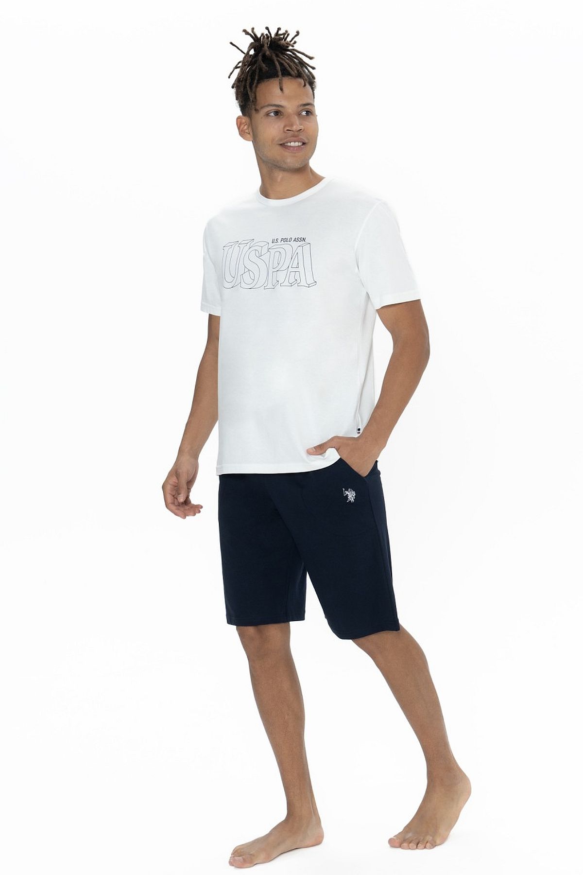 U.s Polo Assn. 18903 Erkek Kısa Kollu Bisiklet Yaka 3lü Pijama Takımı-Ekru