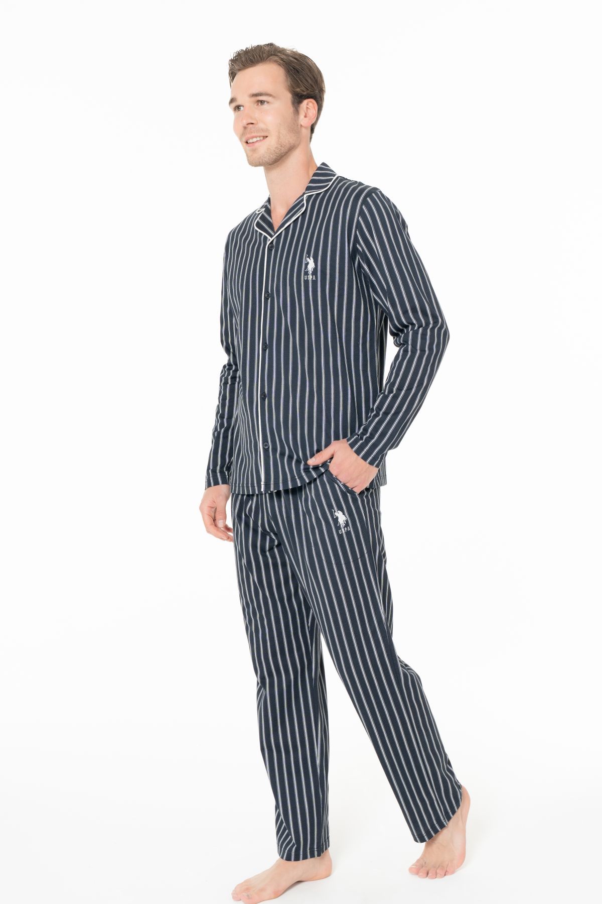 U.s Polo Assn. 18993 Erkek Uzun Kollu Önden Düğmeli Pijama Takımı-Lacivert