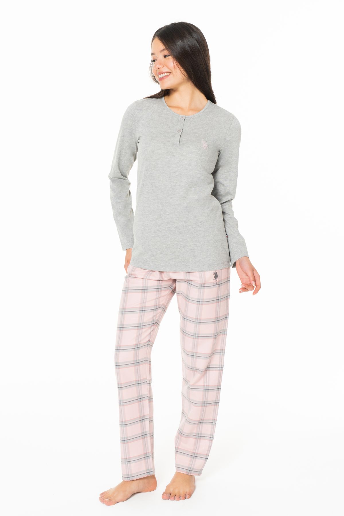 U.s Polo Assn. 20169 Kadın Uzun Kollu Düğmeli Bisiklet Yaka Pijama Takımı-Grimelanj