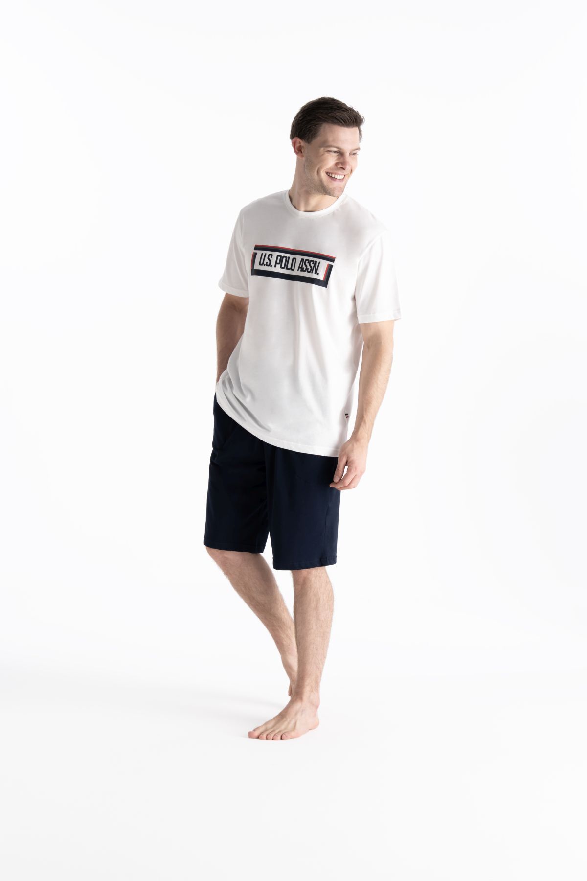U.s Polo Assn. 19006 Erkek Kısa Kollu Şortlu Pijama Takımı-Ekru