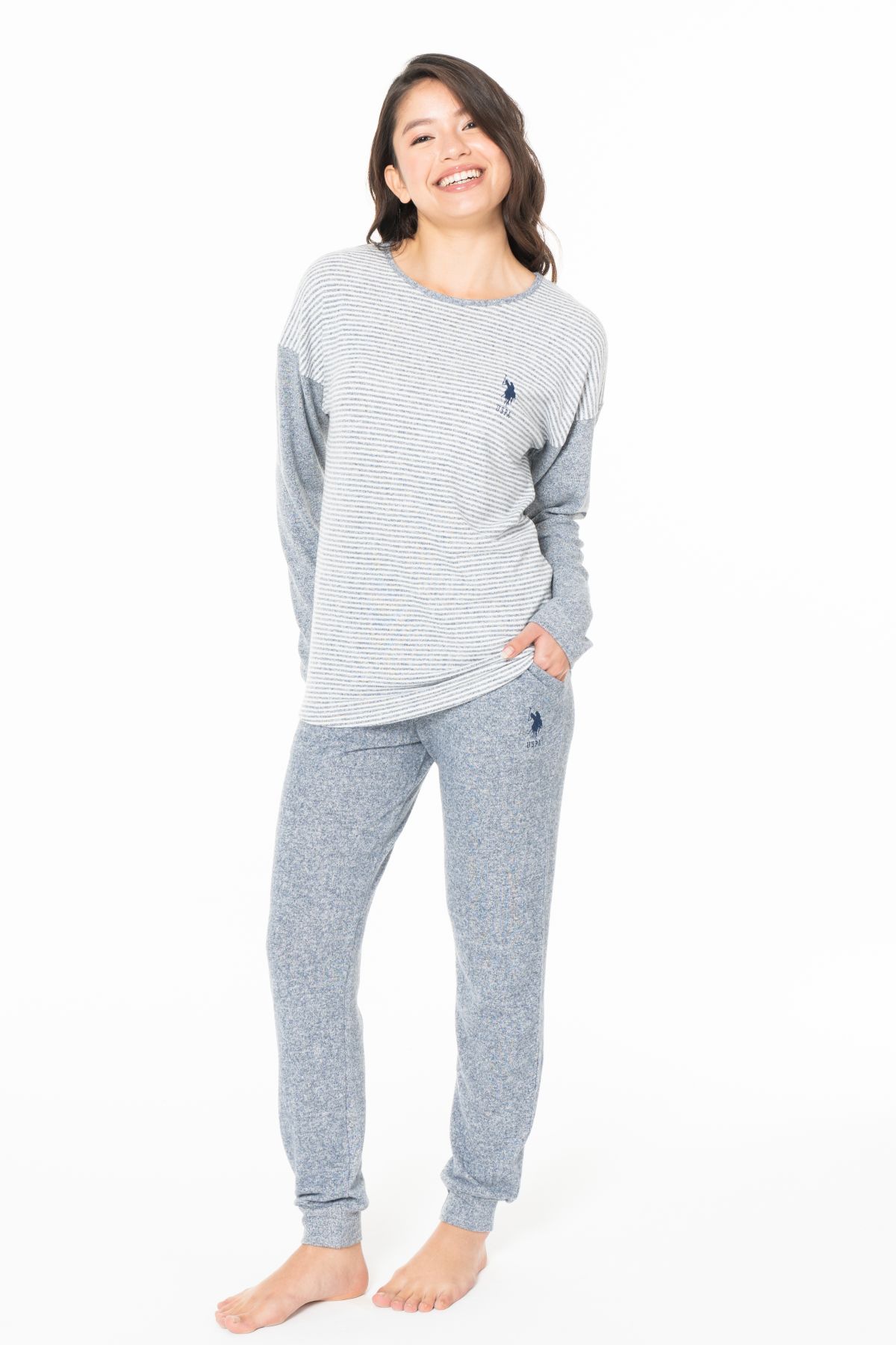 U.s Polo Assn. 20129 Kadın Uzun Kollu Bisiklet Yaka Paçası Bantlı Pijama Takım-Lacivertmelanj