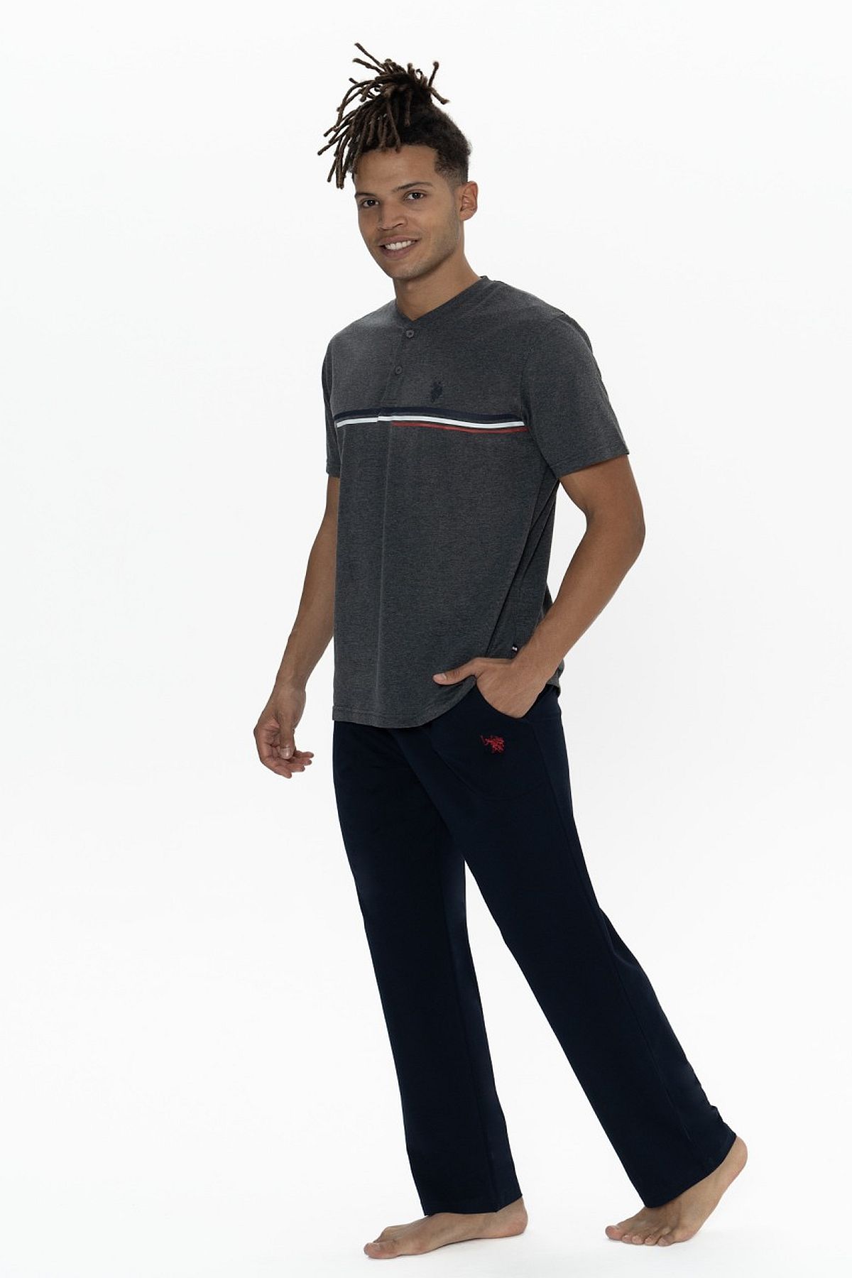 U.s Polo Assn. 18901 Erkek Kısa Kollu Yakası Düğmeli Pijama Takımı-Antrasitmelanj