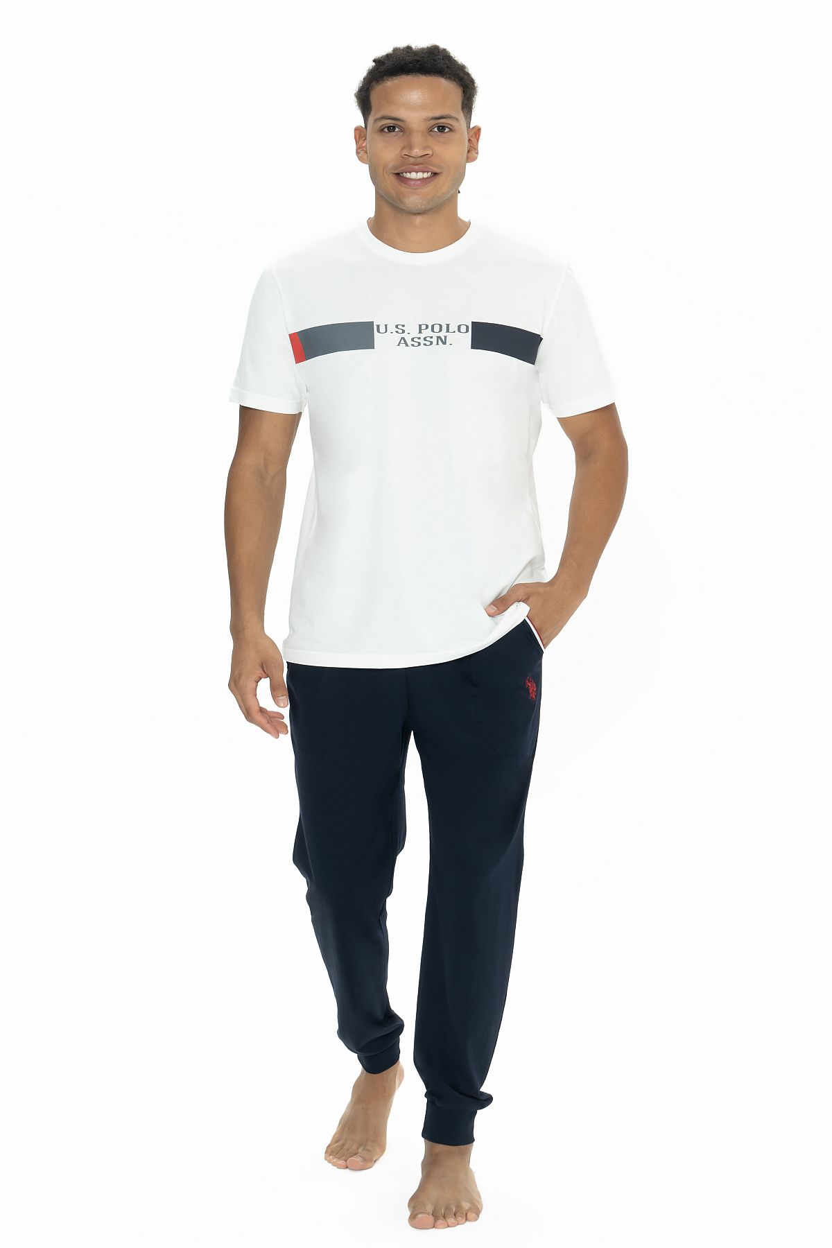 U.s Polo Assn. 18888 Erkek Kısa Kollu Bisiklet Yaka Paçası Lastikli Pijama Takımı-Ekru