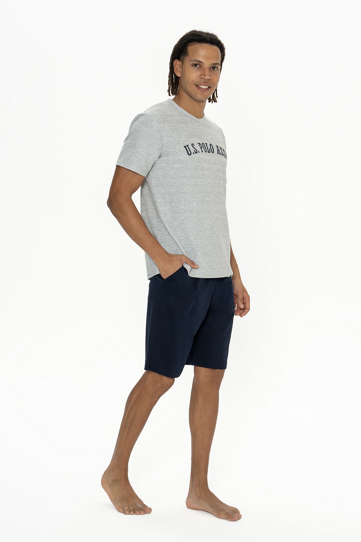 U.s Polo Assn. 18886 Erkek Kısa Kollu Bisiklet Yaka Şortlu Pijama Takımı-Gri