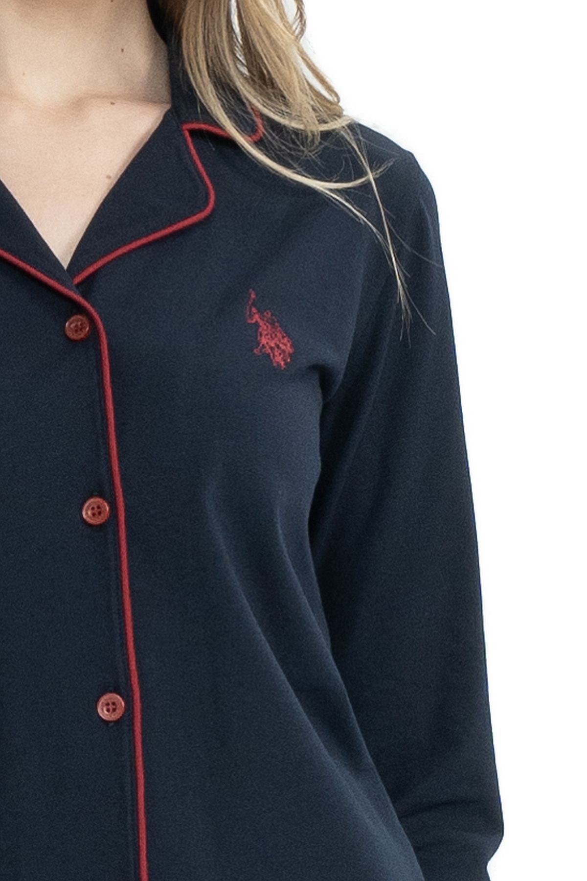 U.s Polo Assn. 11000 Kadın Uzun Kollu Önden Düğmeli Gömlek Pijama Takım-Lacivert
