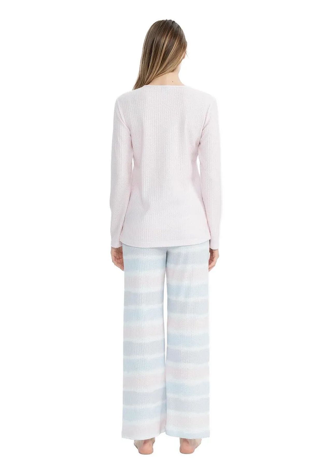 U.s Polo Assn. 17096 Kadın Delikli Polar Waffle Kumaş  Uzun Kollu Geniş Paça Pijama Takım-Pembe