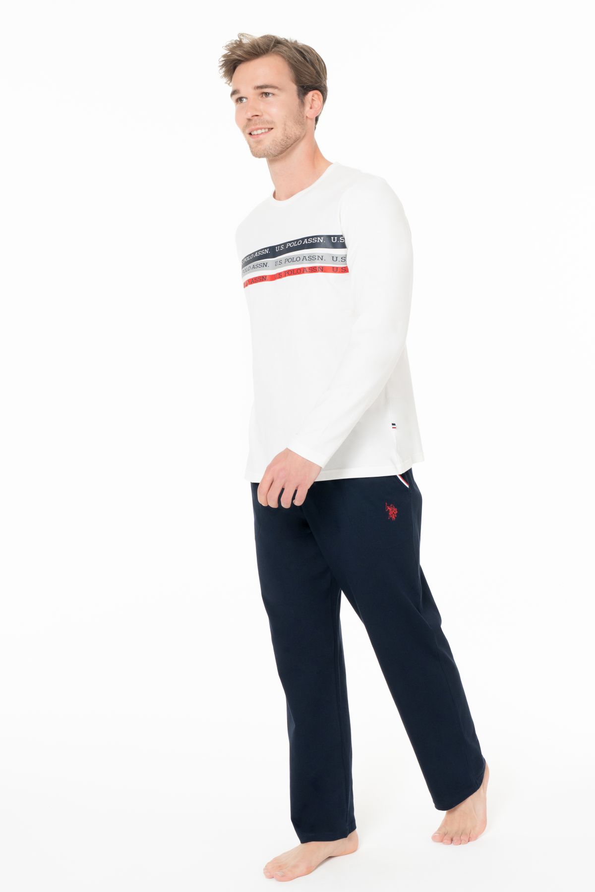 U.s Polo Assn. 18947 Erkek Uzun Kollu Bisiklet Yaka Pijama Takımı-Ekru