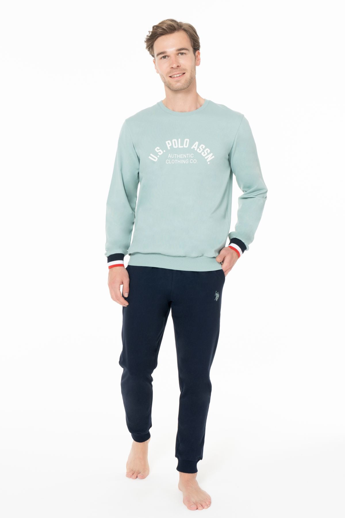 U.s Polo Assn. 18943 Erkek Uzun Kollu Bisiklet Yaka Paçası Bantlı Rahat Ev Giyim-Mint