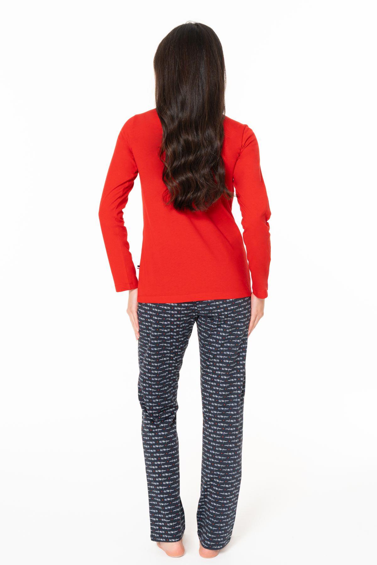 U.s Polo Assn. 20146B Kadın Büyük Beden Uzun Kollu Düğmeli Bisiklet Yaka Pijama Takımı-Kırmızı