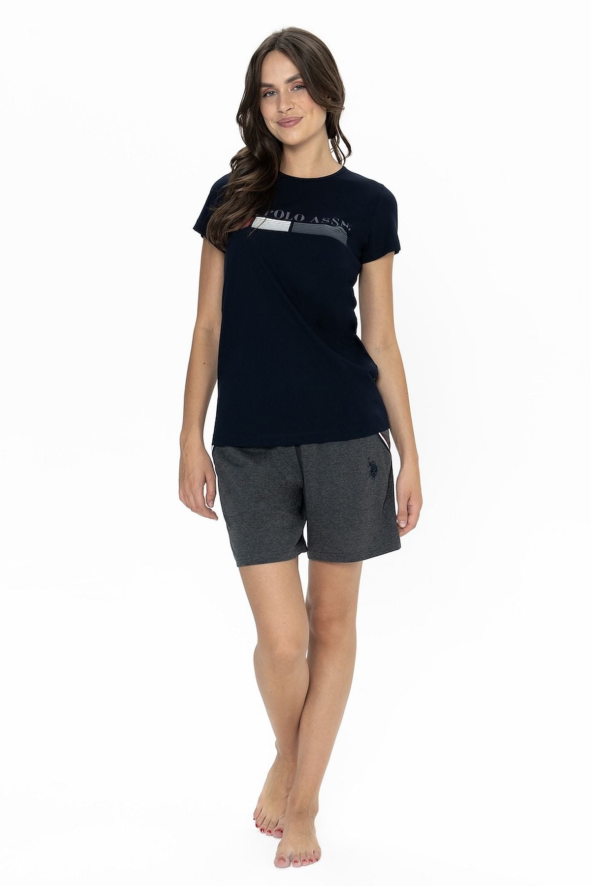 U.s Polo Assn. 20004 Kadın Kısa Kollu Bisiklet Yaka Şortlu Pijama Takımı-Lacivert