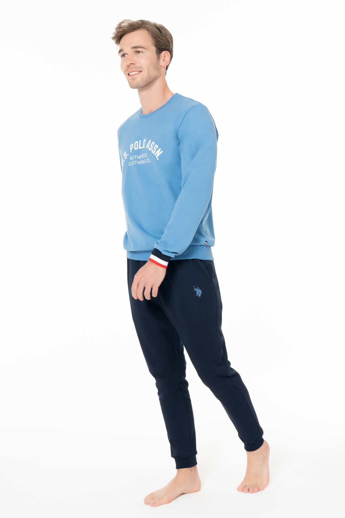 U.s Polo Assn. 18943 Erkek Uzun Kollu Bisiklet Yaka Paçası Bantlı Rahat Ev Giyim-Mavi