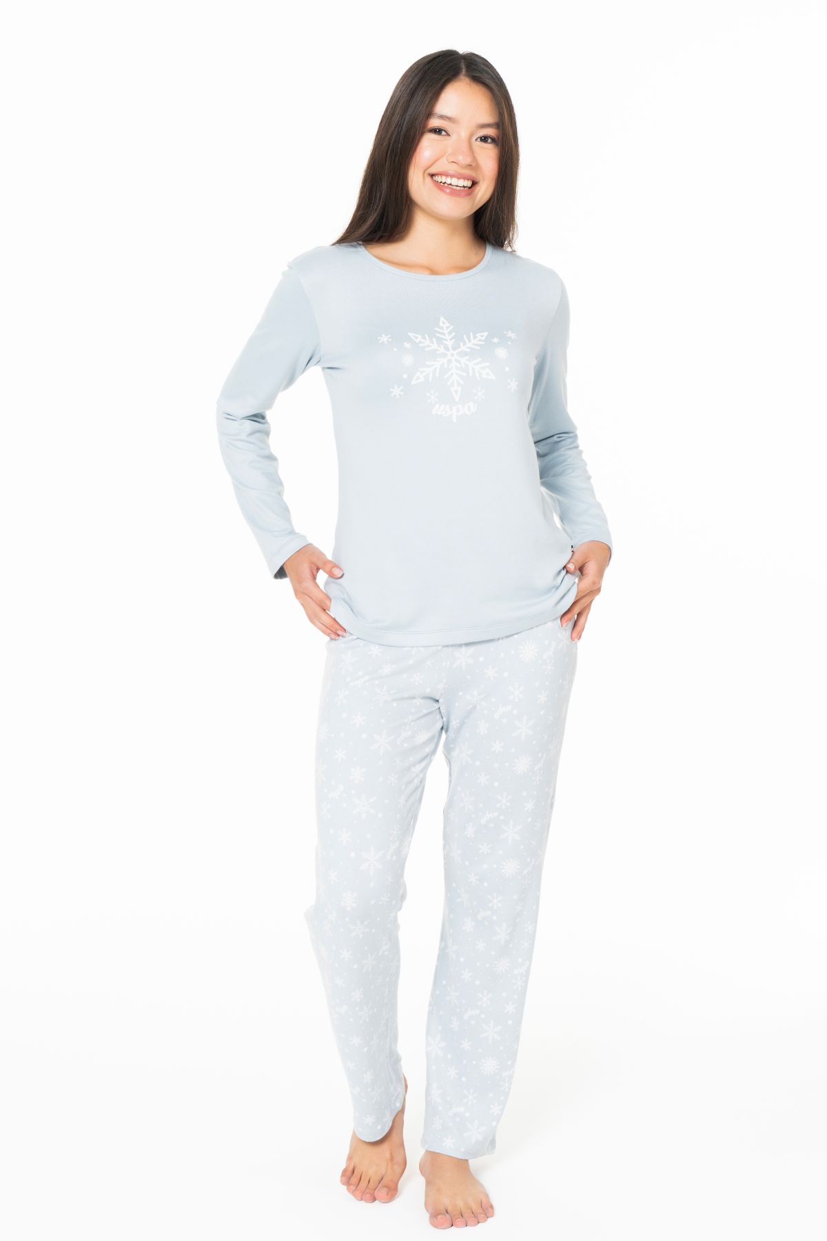 U.s Polo Assn. 20151 Kadın Uzun Kollu Bisiklet Yaka Pijama Takımı-Mavi