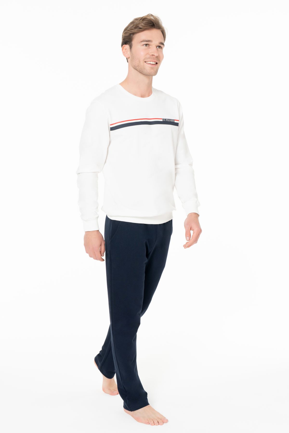 U.s Polo Assn. 18925B Erkek Büyük Beden Uzun Kollu Bisiklet Yaka Rahat Ev Giyim-Ekru