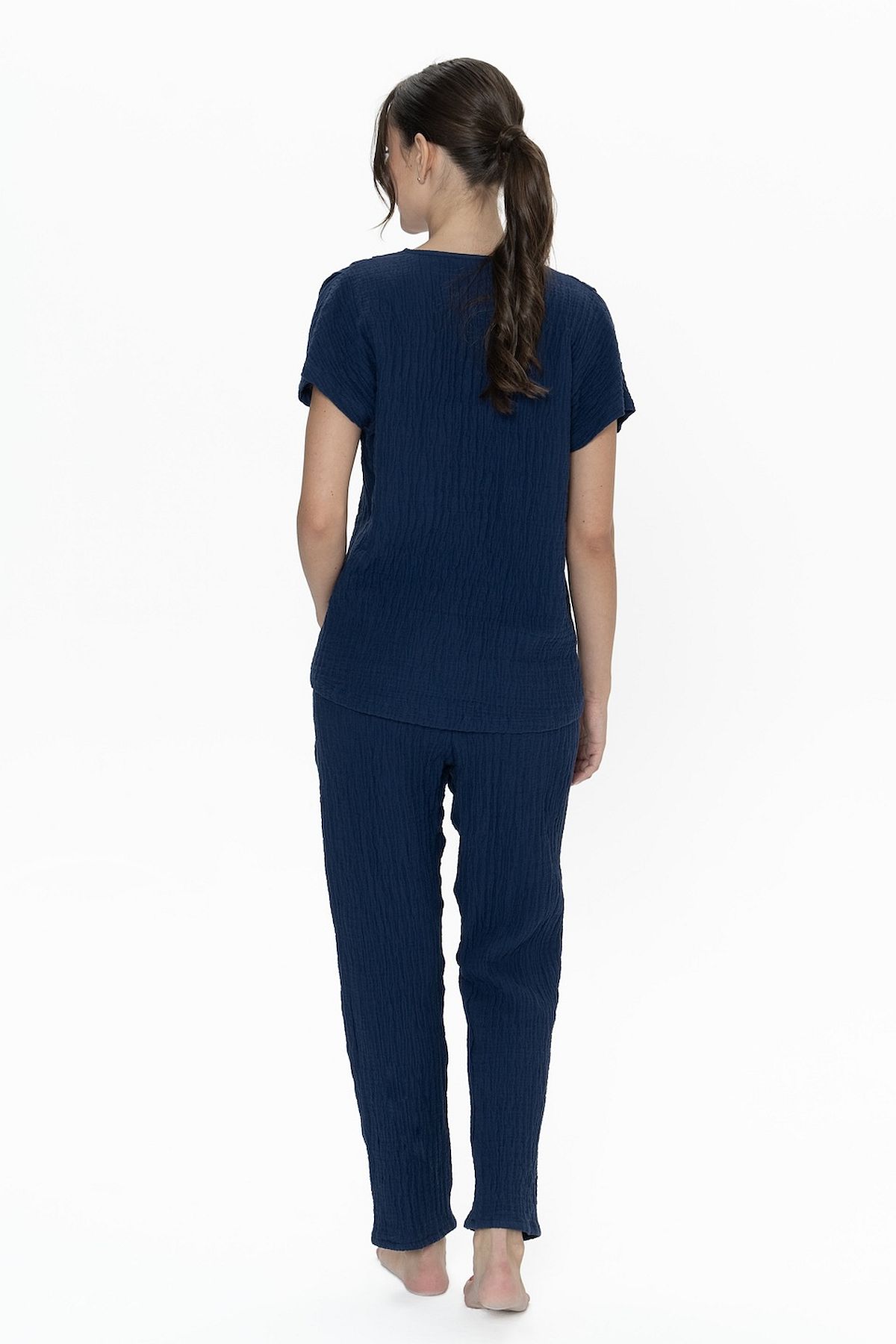 U.s Polo Assn. 20015 Kadın Muslin Kumaş Kısa Kollu V Yaka Pijama Takım-Lacivert