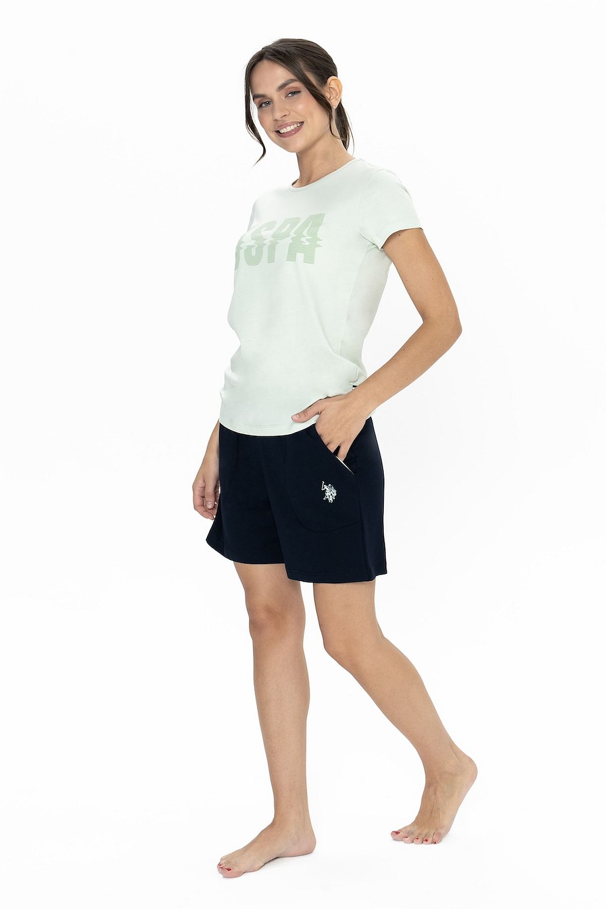 U.s Polo Assn. 20011 Kadın Kısa Kollu Bisiklet Yaka Şortlu Pijama Takımı-Mint