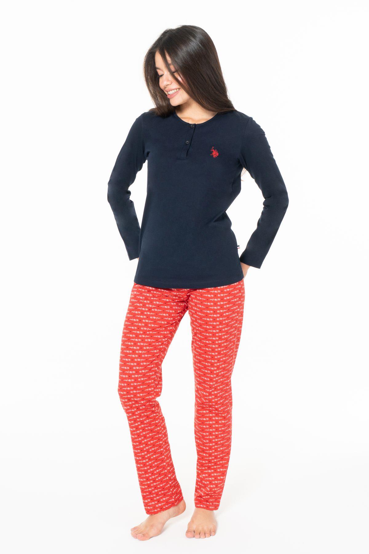 U.s Polo Assn. 20146 Kadın Uzun Kollu Düğmeli Bisiklet Yaka Pijama Takımı-Lacivert