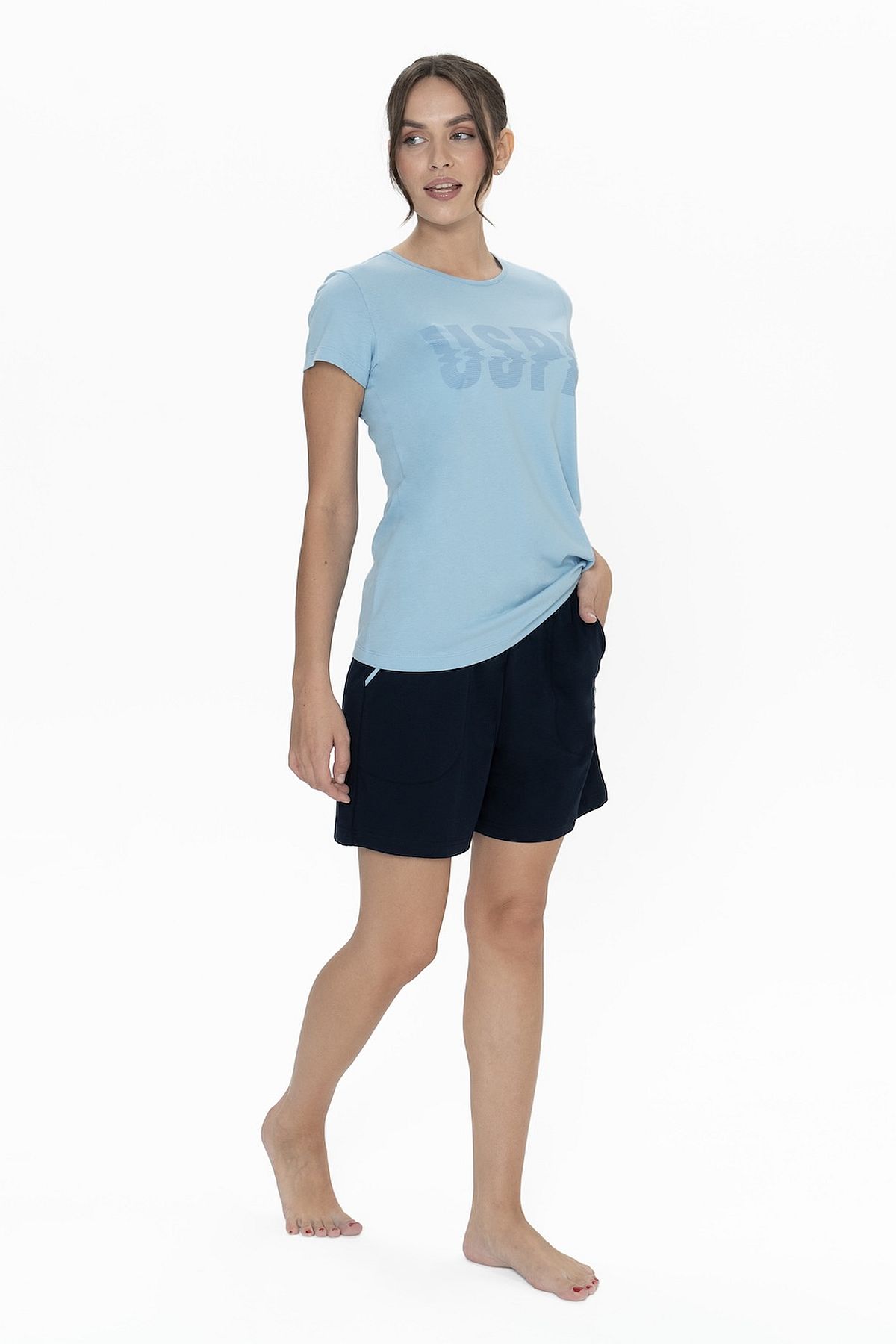 U.s Polo Assn. 20011 Kadın Kısa Kollu Bisiklet Yaka Şortlu Pijama Takımı-Mavi