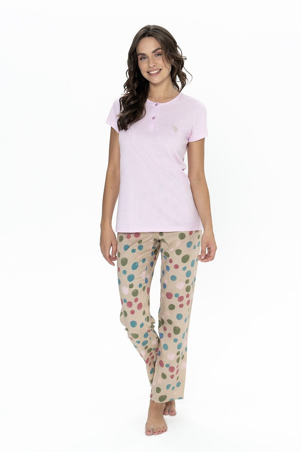 U.s Polo Assn. 20094 Kadın Kısa Kollu Yakası Yarım Düğmeli Pijama Takımı-Lila