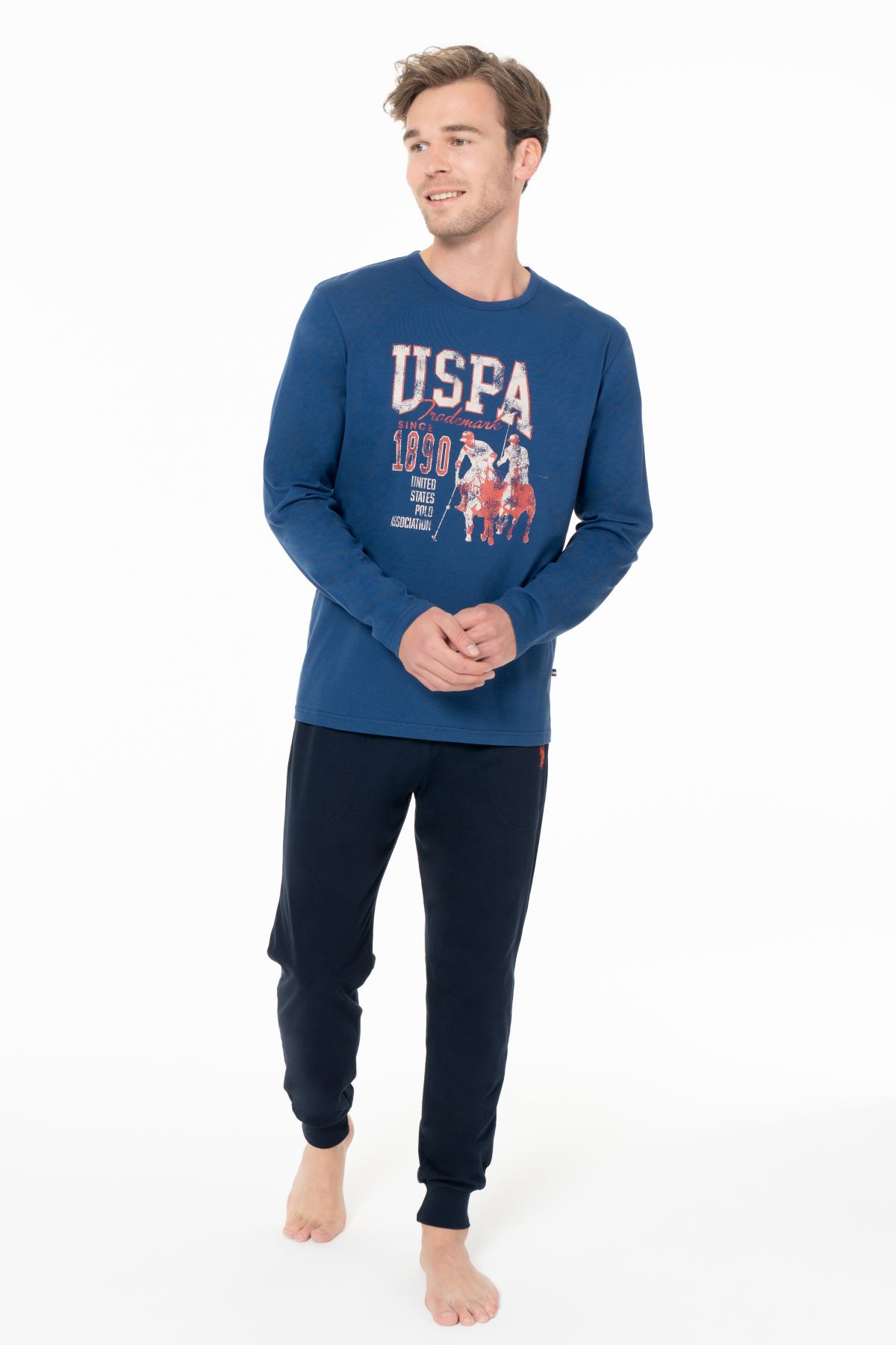 U.s Polo Assn. 18955 Erkek Uzun Kollu Bisiklet Yaka Paçası Bantlı Pijama Takımı-İndigo