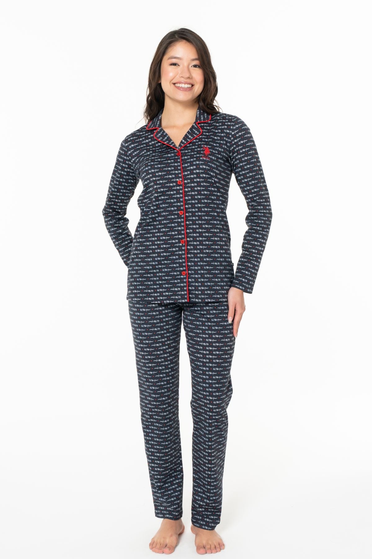 U.s Polo Assn. 20144 Kadın Uzun Kollu Gömlek Pijama Takım-Lacivert
