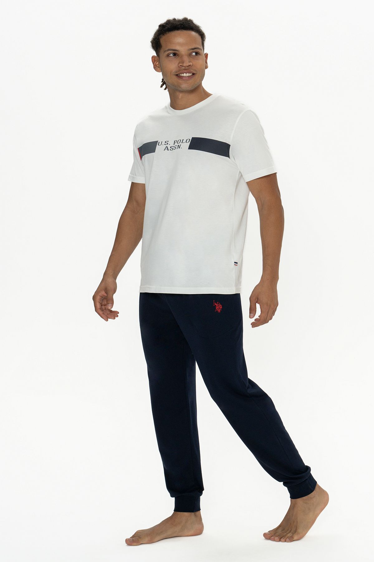 U.s Polo Assn. 18888 Erkek Kısa Kollu Bisiklet Yaka Paçası Lastikli Pijama Takımı-Ekru