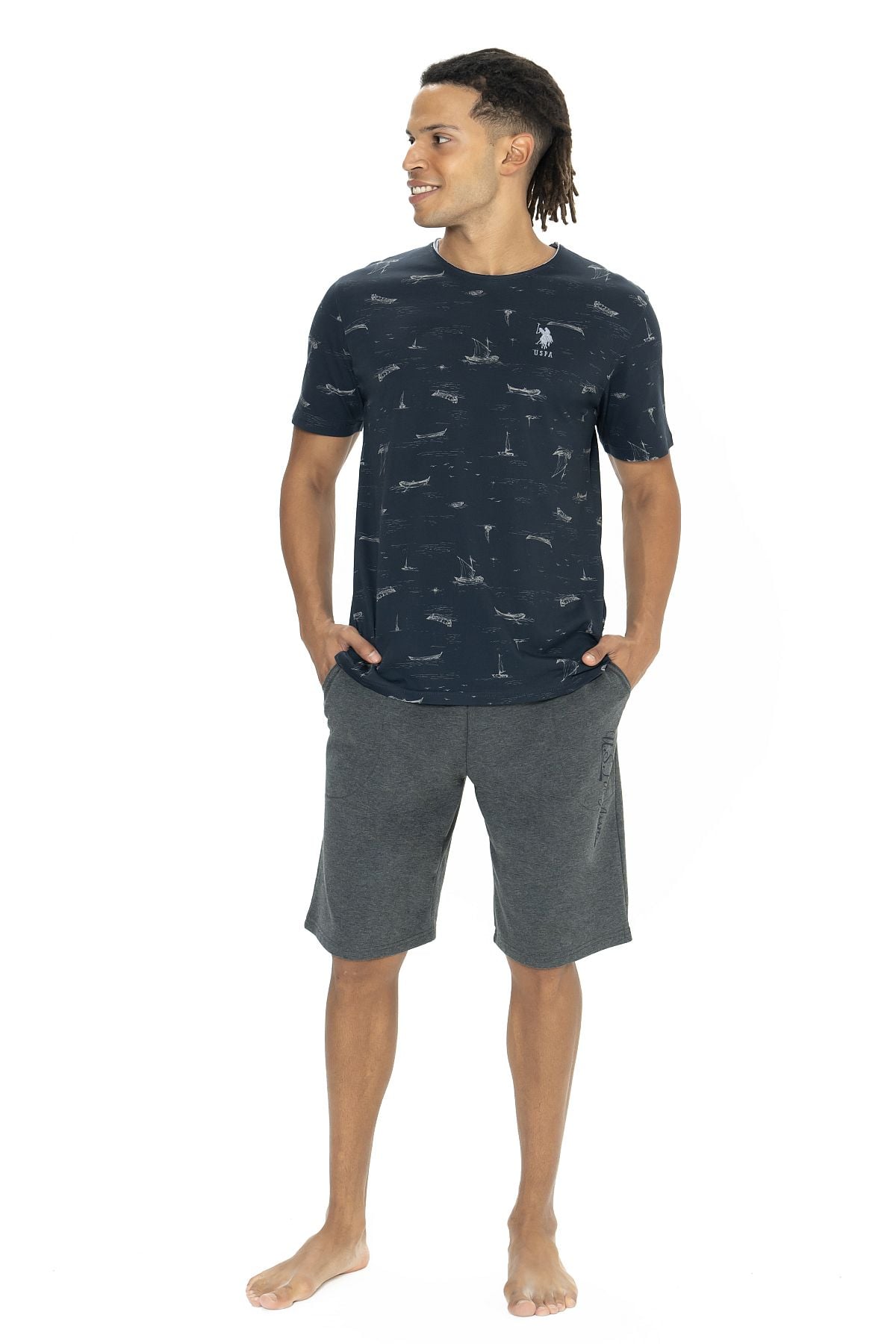 U.s Polo Assn. 18879 Erkek Kısa Kollu Bisiklet Yaka Şortlu Pijama Takımı-Lacivert