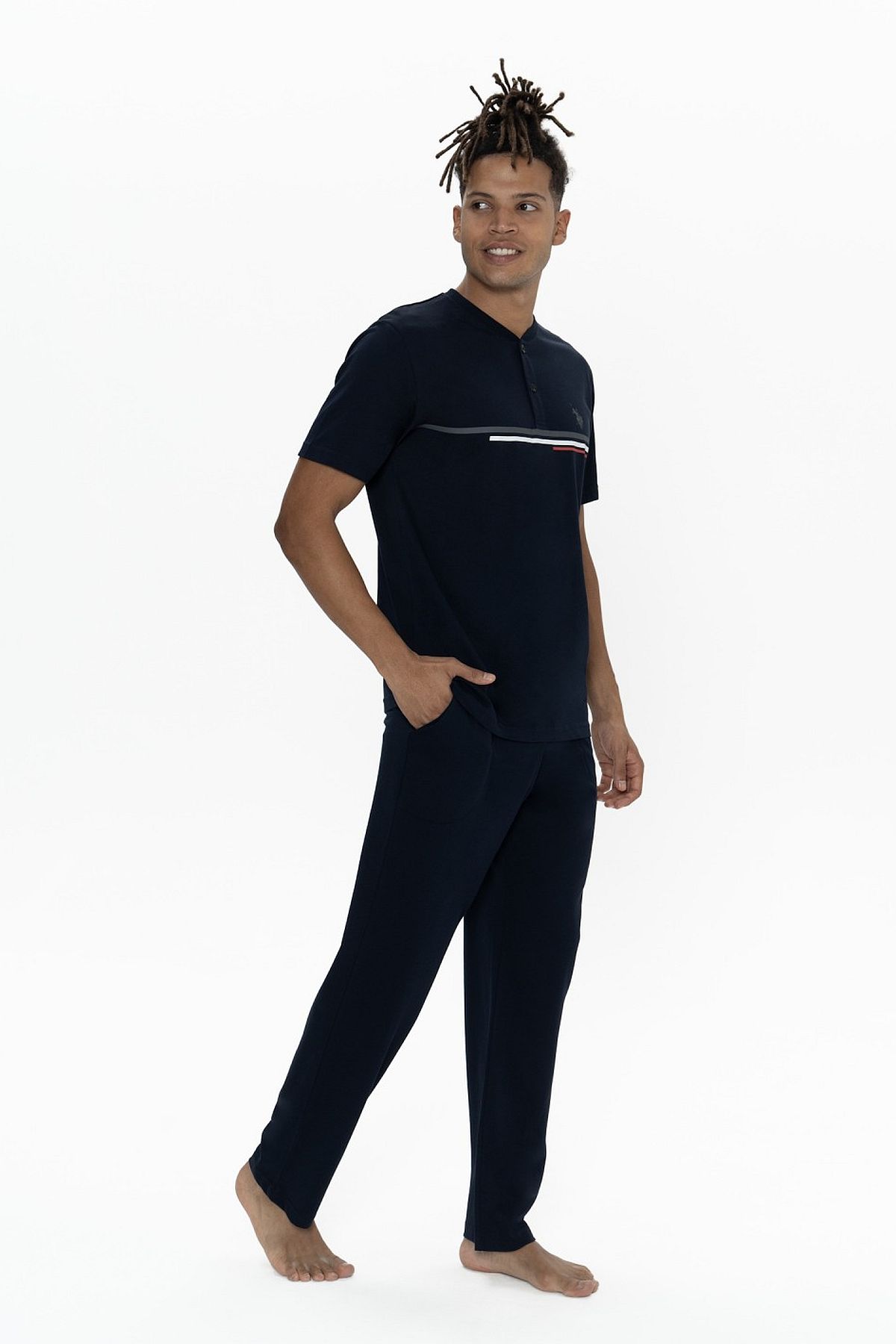 U.s Polo Assn. 18901 Erkek Kısa Kollu Yakası Düğmeli Pijama Takımı-Lacivert