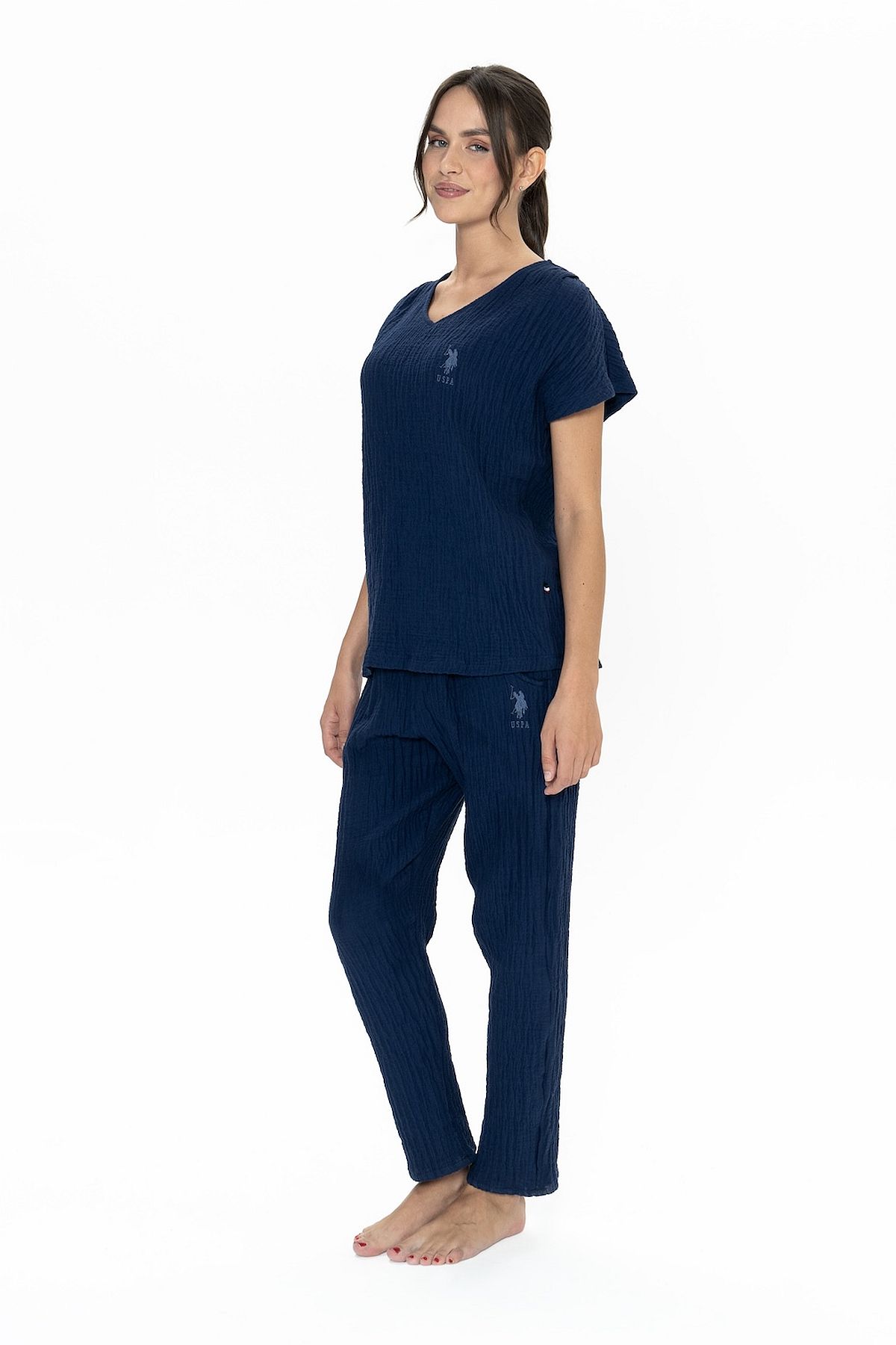 U.s Polo Assn. 20015 Kadın Muslin Kumaş Kısa Kollu V Yaka Pijama Takım-Lacivert
