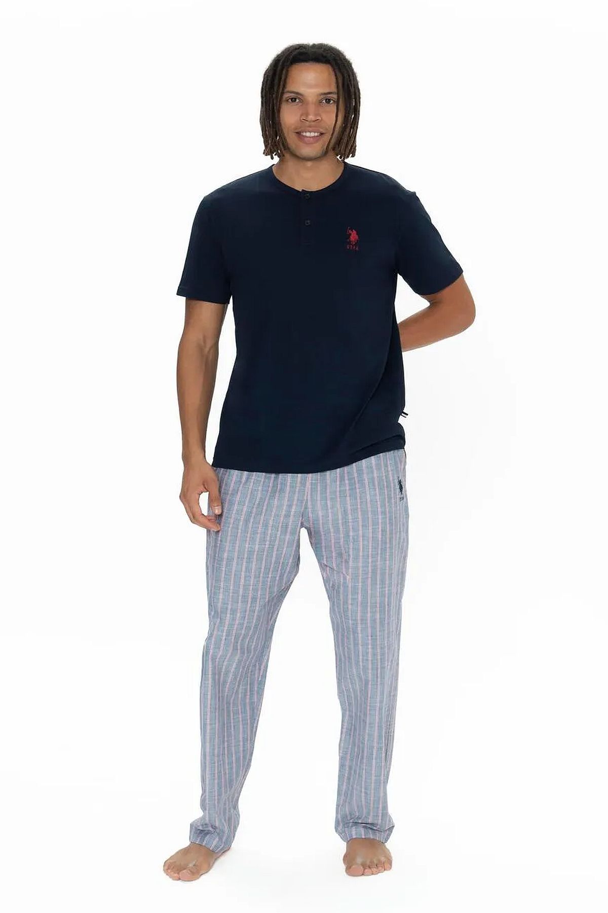 U.s Polo Assn. 18915 Erkek Kısa Kollu Yakası Düğmeli Pijama Takımı-Lacivert