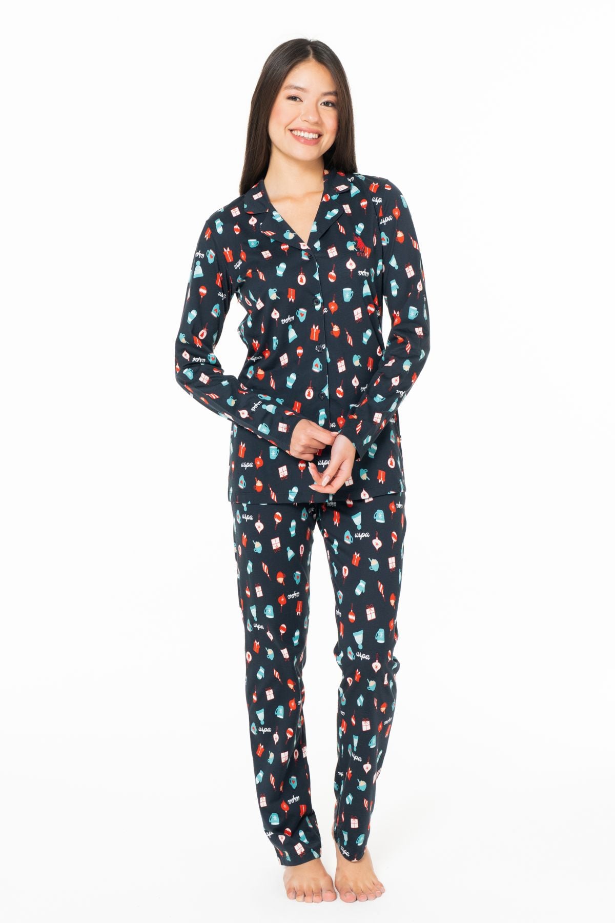 U.s Polo Assn. 20166 Kadın Uzun Kollu Gömlek Pijama Takım-Lacivert