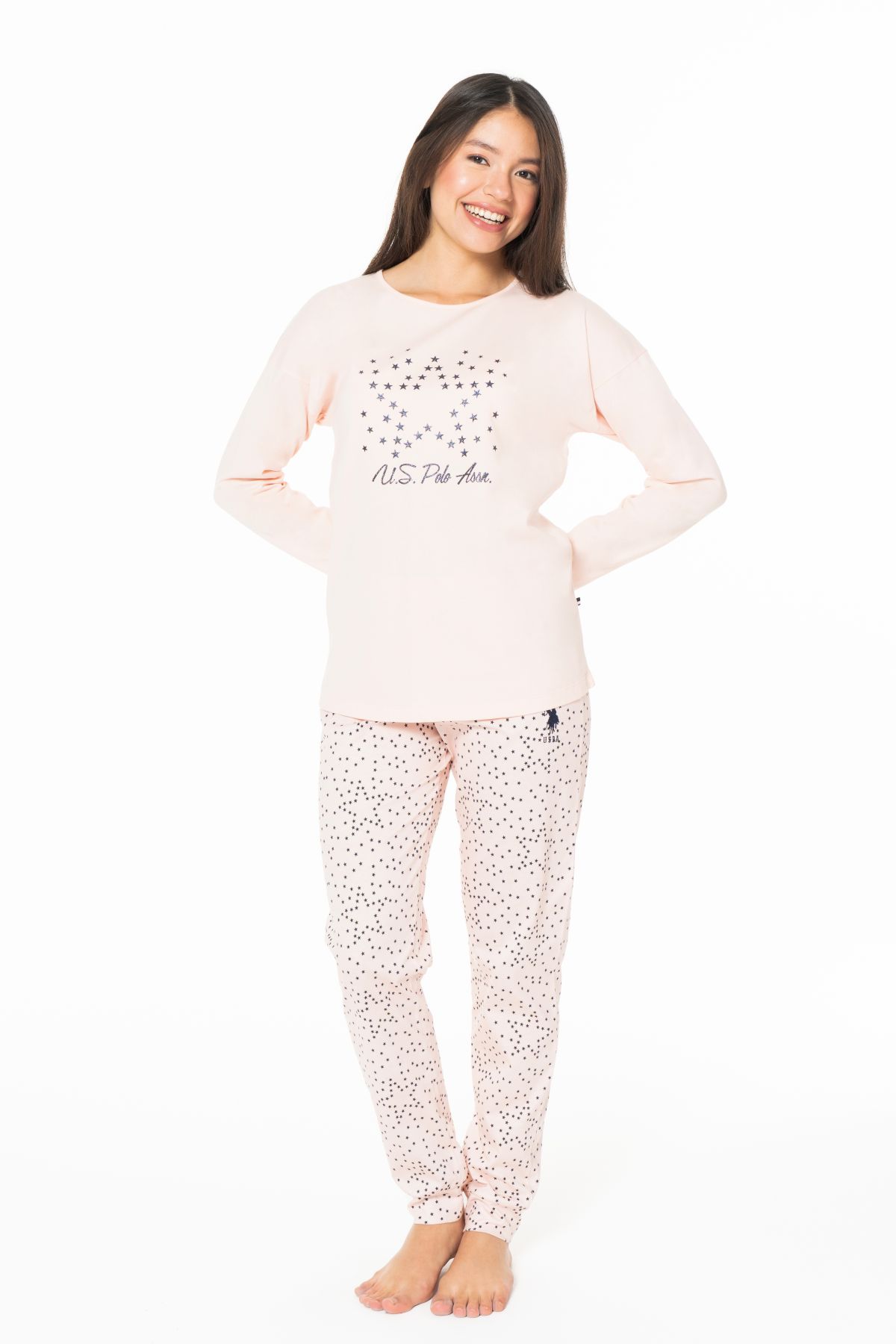U.s Polo Assn. 20163 Kadın Uzun Kollu Bisiklet Yaka Paçası Bantlı Pijama Takım-Somon