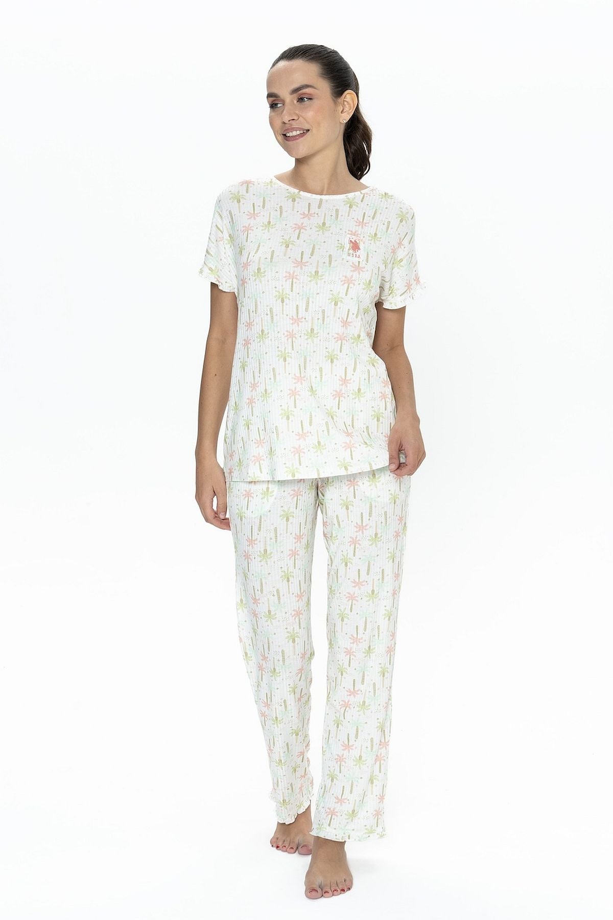 U.s Polo Assn. 20082 Kadın Kısa Kollu Bisilet Yaka Pijama Takımı-Ekru