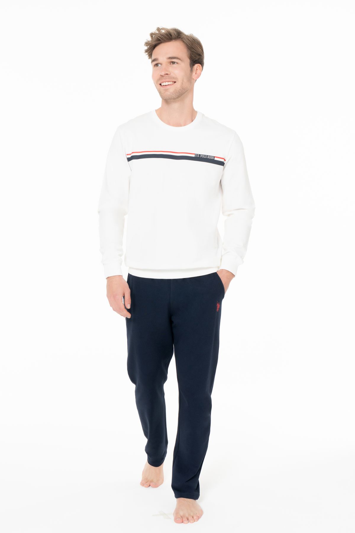 U.s Polo Assn. 18925B Erkek Büyük Beden Uzun Kollu Bisiklet Yaka Rahat Ev Giyim-Ekru