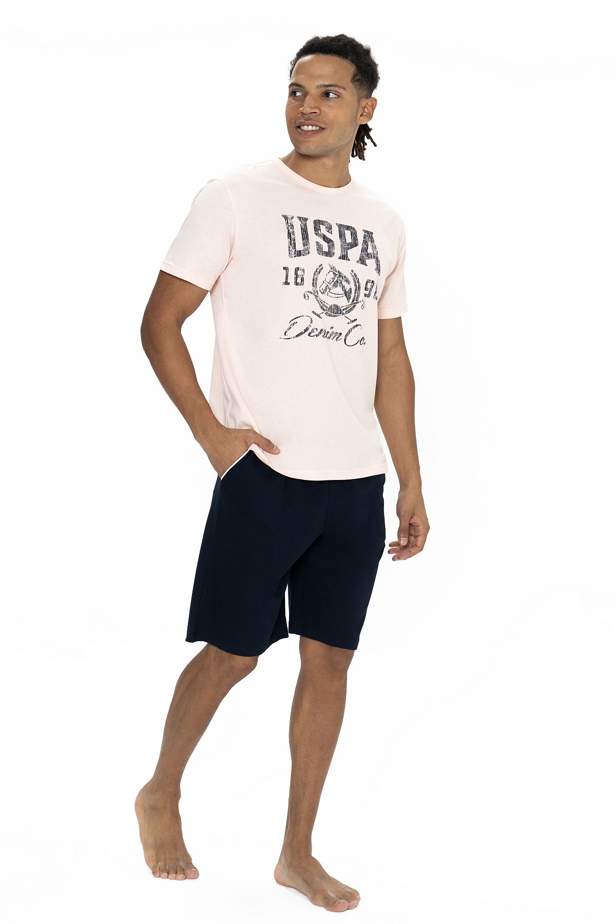 U.s Polo Assn. 18877 Erkek Kısa Kollu Bisiklet Yaka Şortlu Pijama Takımı-Pembe
