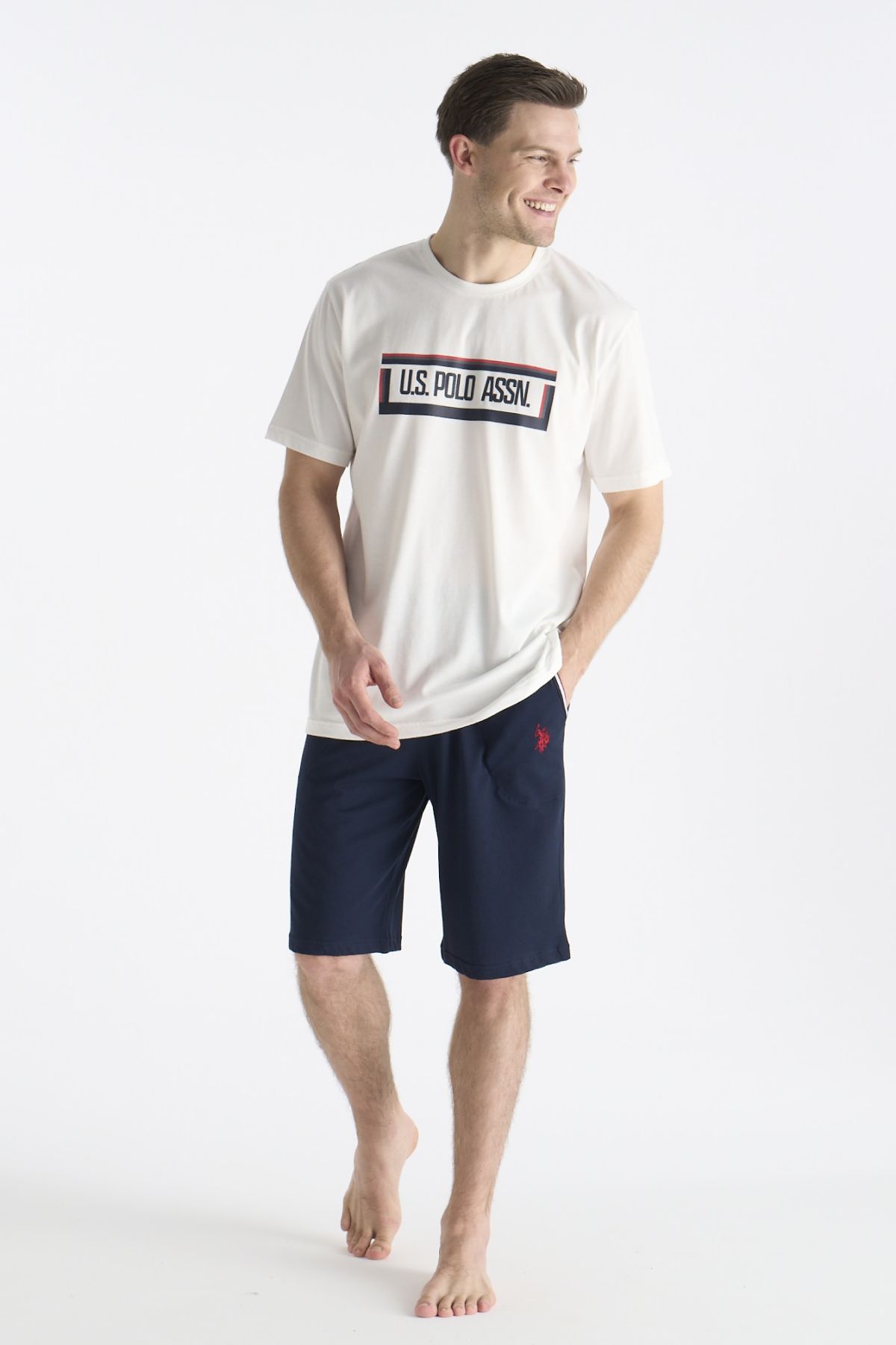 U.s Polo Assn. 19006 Erkek Kısa Kollu Şortlu Pijama Takımı-Ekru